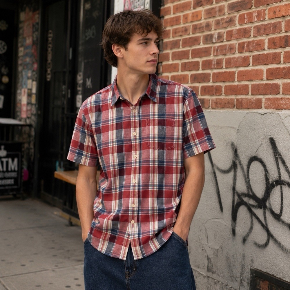 Fatface Button-Up Short Sleeve Shirt Men’s 2XL Red Plaid Contrast Stitching UK